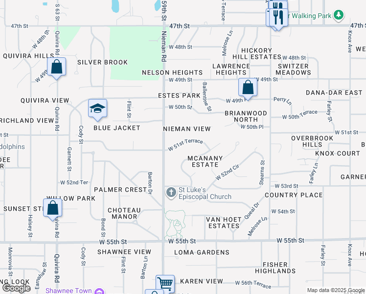map of restaurants, bars, coffee shops, grocery stores, and more near 10915 West 51st Terrace in Shawnee