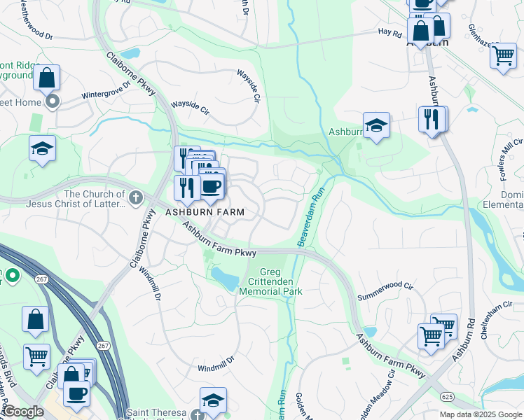 map of restaurants, bars, coffee shops, grocery stores, and more near 20952 Timber Ridge Terrace in Ashburn