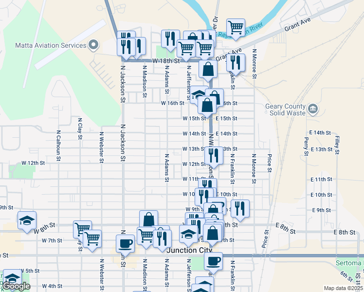 map of restaurants, bars, coffee shops, grocery stores, and more near 210 West 13th Street in Junction City