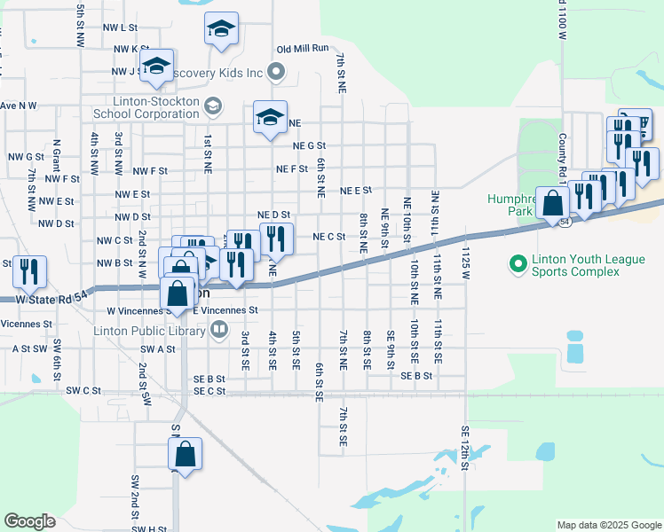 map of restaurants, bars, coffee shops, grocery stores, and more near 250 7th Street Northeast in Linton