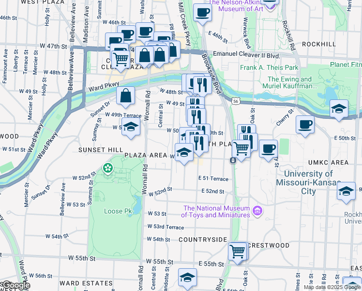 map of restaurants, bars, coffee shops, grocery stores, and more near 5018 Baltimore Avenue in Kansas City
