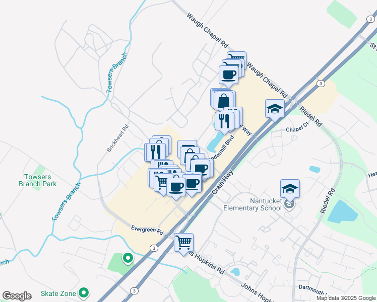 map of restaurants, bars, coffee shops, grocery stores, and more near 1332 Chapel Centre Drive in Gambrills