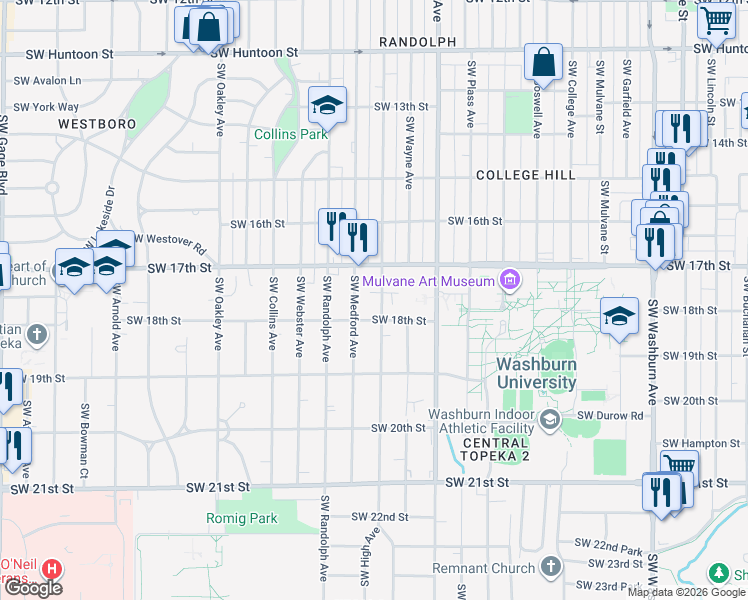 map of restaurants, bars, coffee shops, grocery stores, and more near 1727 Southwest High Avenue in Topeka