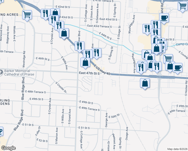 map of restaurants, bars, coffee shops, grocery stores, and more near 3 Elm in Independence