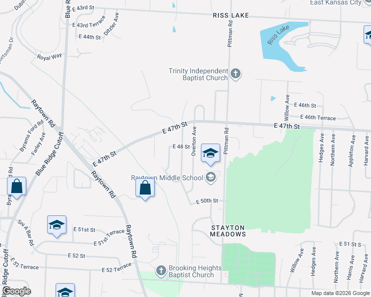 map of restaurants, bars, coffee shops, grocery stores, and more near 4737 Evanston Avenue in Kansas City