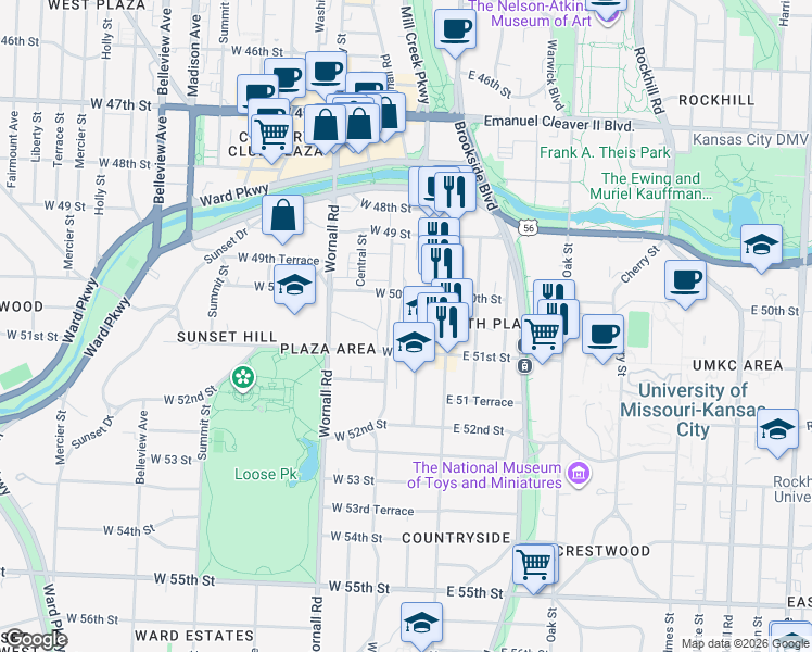 map of restaurants, bars, coffee shops, grocery stores, and more near 5018 Baltimore Avenue in Kansas City
