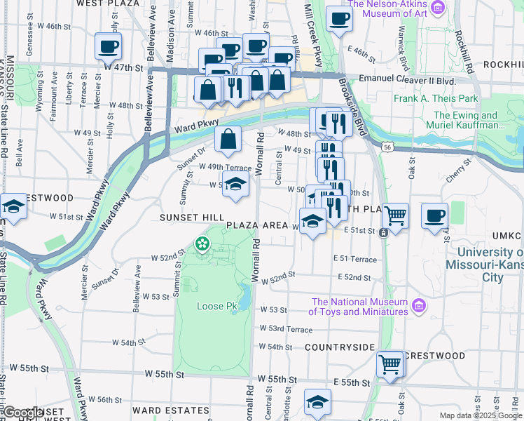 map of restaurants, bars, coffee shops, grocery stores, and more near 5049 Wornall Road in Kansas City