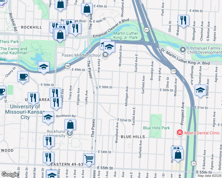 map of restaurants, bars, coffee shops, grocery stores, and more near 1702 East 50th Street in Kansas City