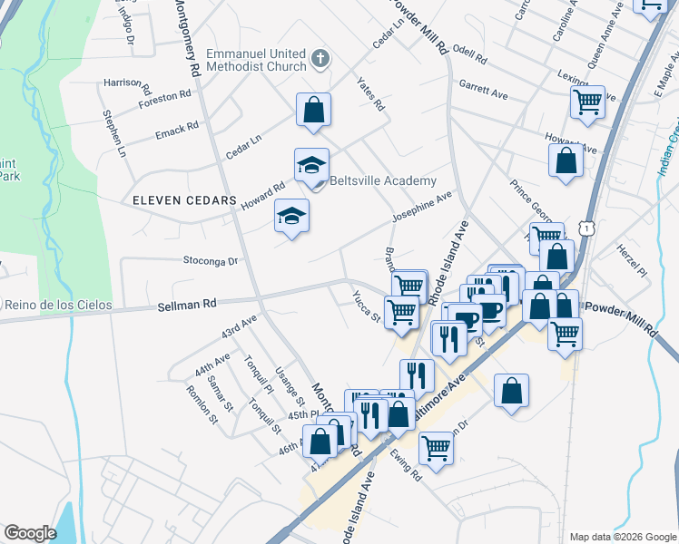 map of restaurants, bars, coffee shops, grocery stores, and more near 4315 Yucca Street in Beltsville