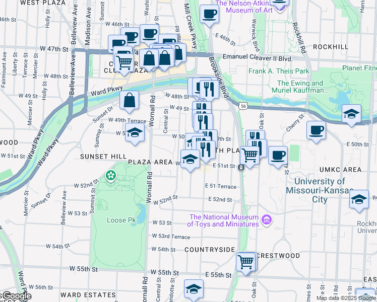map of restaurants, bars, coffee shops, grocery stores, and more near 5018 Baltimore Avenue in Kansas City
