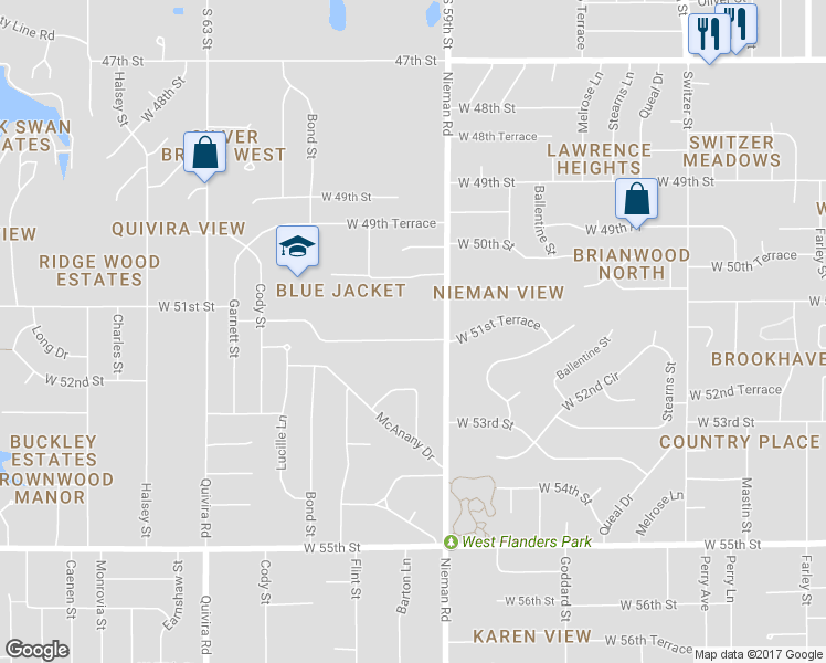map of restaurants, bars, coffee shops, grocery stores, and more near 11200 West 51st Terrace in Shawnee