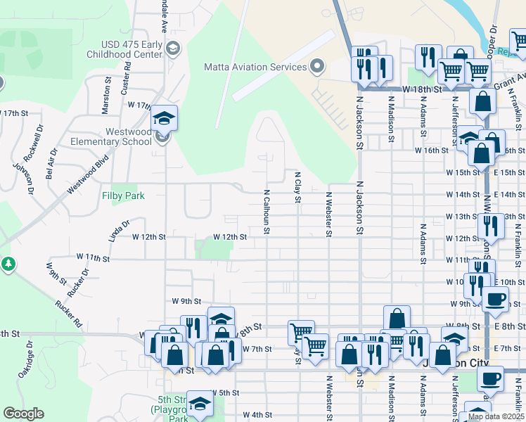 map of restaurants, bars, coffee shops, grocery stores, and more near 802 West 13th Street in Junction City