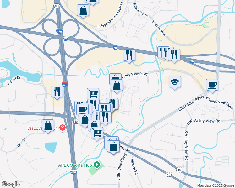 map of restaurants, bars, coffee shops, grocery stores, and more near 4609 South Eastland Center Drive in Independence