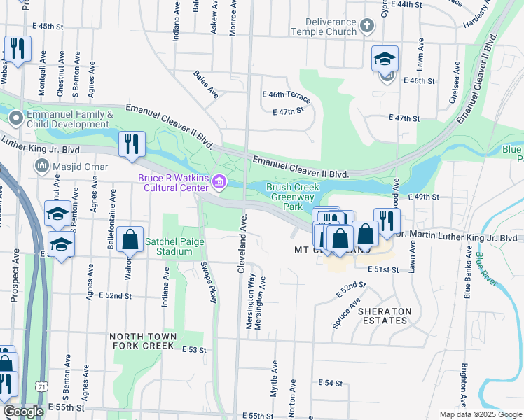 map of restaurants, bars, coffee shops, grocery stores, and more near 3928 Blue Parkway in Kansas City