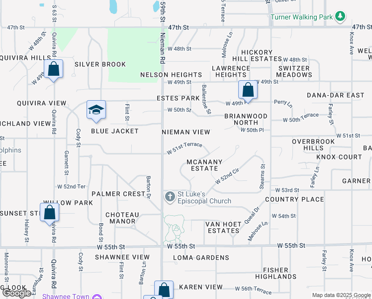 map of restaurants, bars, coffee shops, grocery stores, and more near 10915 West 51st Terrace in Shawnee