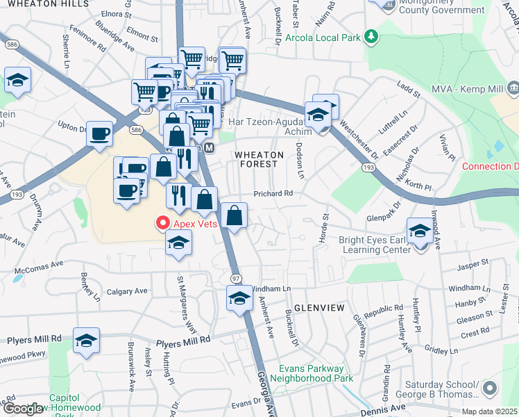 map of restaurants, bars, coffee shops, grocery stores, and more near 2109 Bucknell Terrace in Silver Spring
