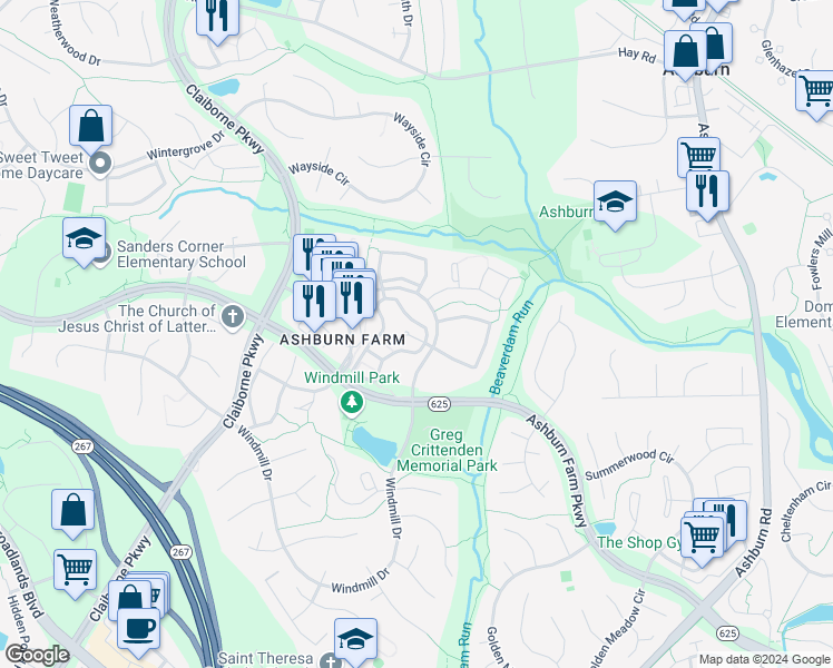 map of restaurants, bars, coffee shops, grocery stores, and more near 20965 Timber Ridge Terrace in Ashburn