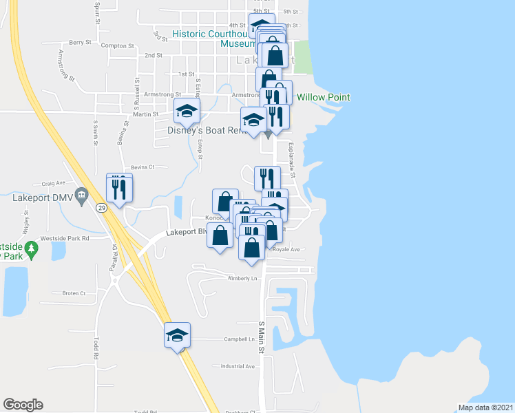 map of restaurants, bars, coffee shops, grocery stores, and more near 902 South Forbes Street in Lakeport