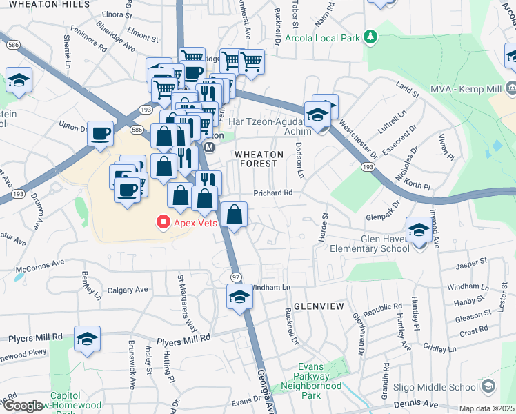 map of restaurants, bars, coffee shops, grocery stores, and more near 10931 Amherst Avenue in Silver Spring
