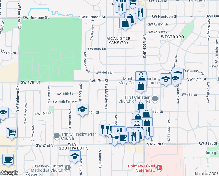 map of restaurants, bars, coffee shops, grocery stores, and more near 4334 Southwest 17th Terrace in Topeka