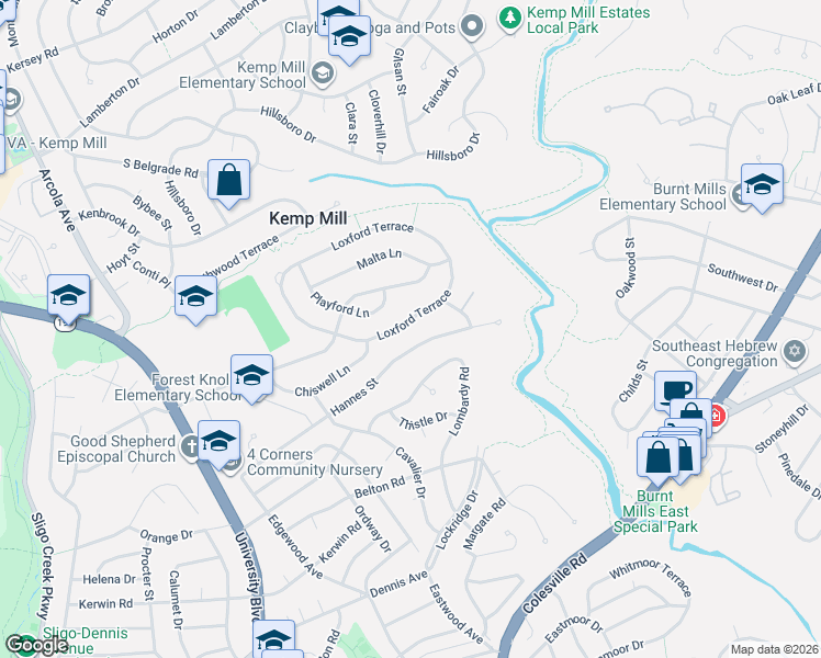 map of restaurants, bars, coffee shops, grocery stores, and more near 823 Loxford Terrace in Silver Spring