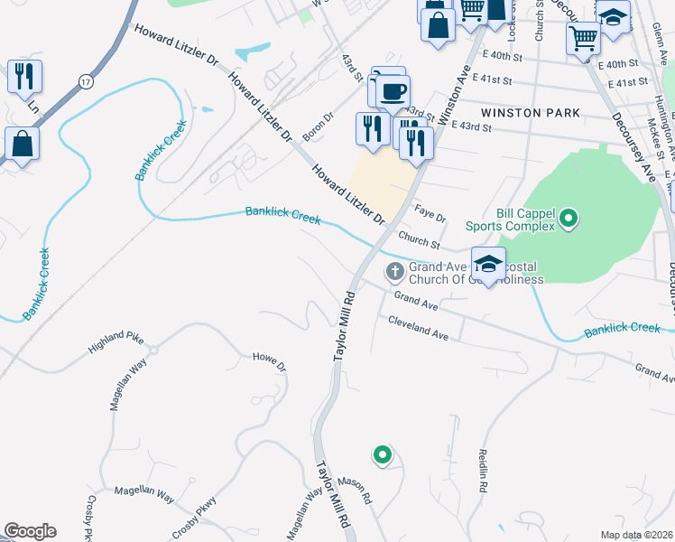 map of restaurants, bars, coffee shops, grocery stores, and more near 709 West Grand Avenue in Taylor Mill