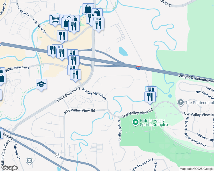 map of restaurants, bars, coffee shops, grocery stores, and more near 20300 East Valley View Parkway in Independence