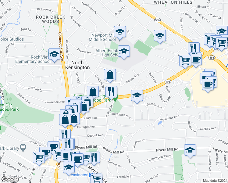 map of restaurants, bars, coffee shops, grocery stores, and more near 3400 Nimitz Road in Kensington