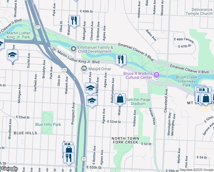 map of restaurants, bars, coffee shops, grocery stores, and more near 4935 Agnes Avenue in Kansas City