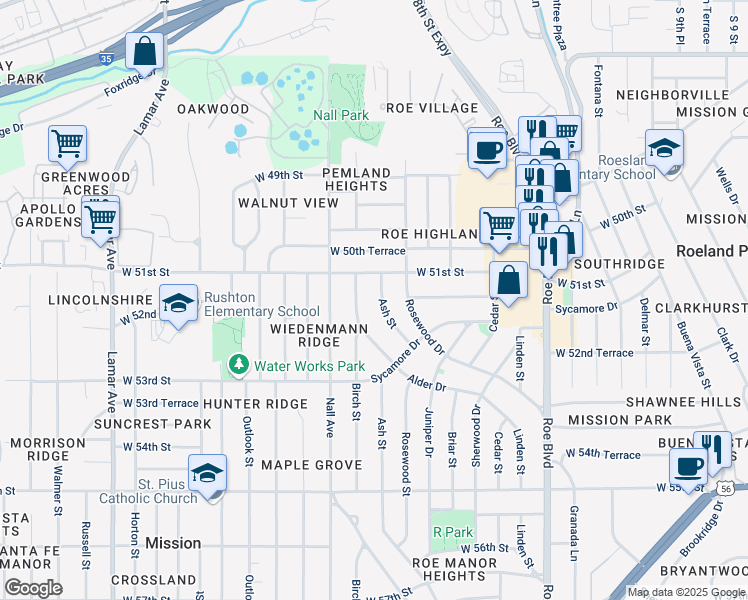 map of restaurants, bars, coffee shops, grocery stores, and more near 5122 Ash Drive in Roeland Park