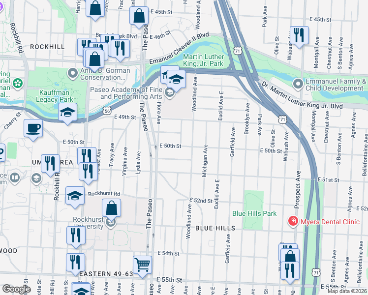 map of restaurants, bars, coffee shops, grocery stores, and more near 1702 East 50th Street in Kansas City