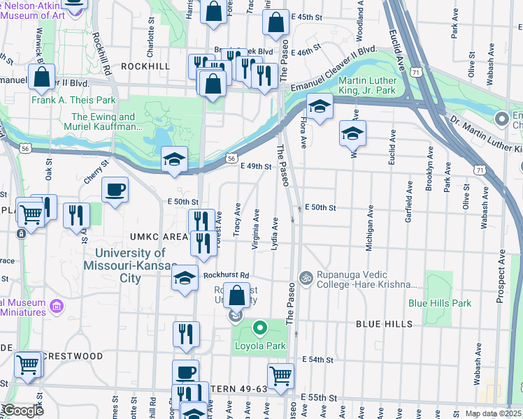 map of restaurants, bars, coffee shops, grocery stores, and more near 5000 Lydia Avenue in Kansas City