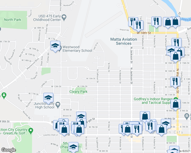 map of restaurants, bars, coffee shops, grocery stores, and more near 802 West 13th Street in Junction City