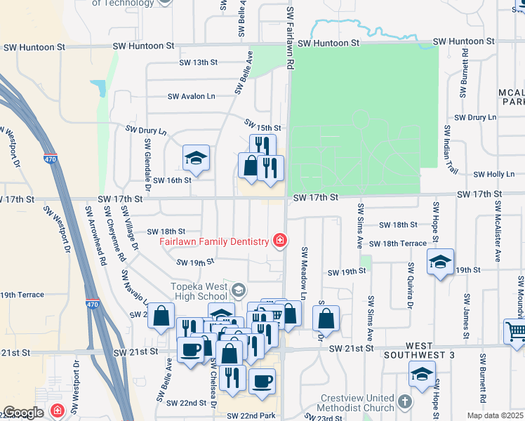 map of restaurants, bars, coffee shops, grocery stores, and more near 1713 SW Amhurst Rd in Topeka