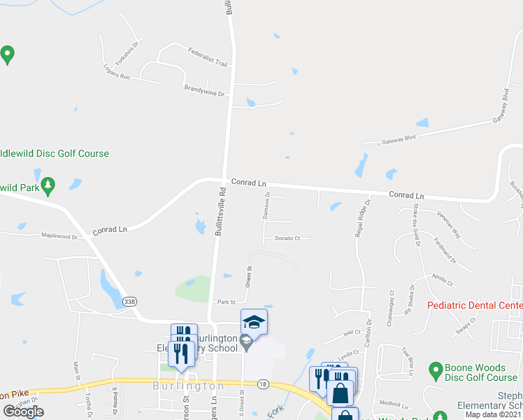 map of restaurants, bars, coffee shops, grocery stores, and more near 5627 Damson Drive in Burlington