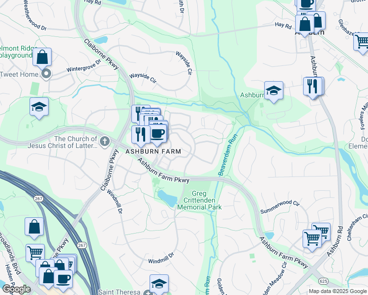 map of restaurants, bars, coffee shops, grocery stores, and more near 20957 Timber Ridge Terrace in Ashburn