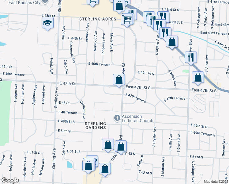 map of restaurants, bars, coffee shops, grocery stores, and more near 11900 East 47th Terrace in Kansas City