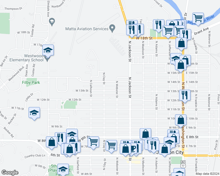 map of restaurants, bars, coffee shops, grocery stores, and more near 624 West 13th Street in Junction City