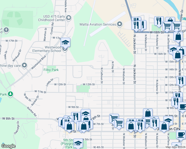 map of restaurants, bars, coffee shops, grocery stores, and more near 834 West 13th Street in Junction City