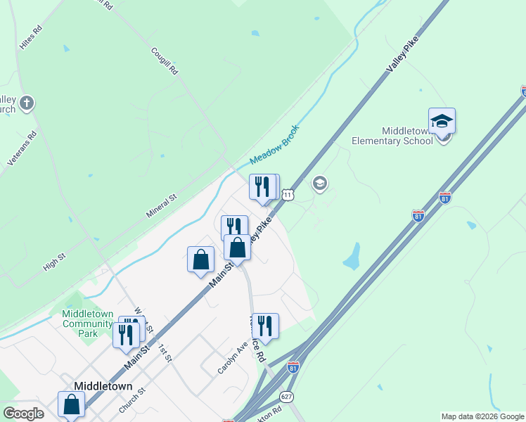 map of restaurants, bars, coffee shops, grocery stores, and more near 7451 Main Street in Middletown