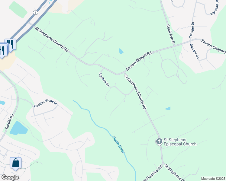 map of restaurants, bars, coffee shops, grocery stores, and more near 1912 Aquinas Drive in Gambrills