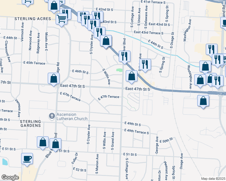 map of restaurants, bars, coffee shops, grocery stores, and more near 12301 E 47th St S in Independence