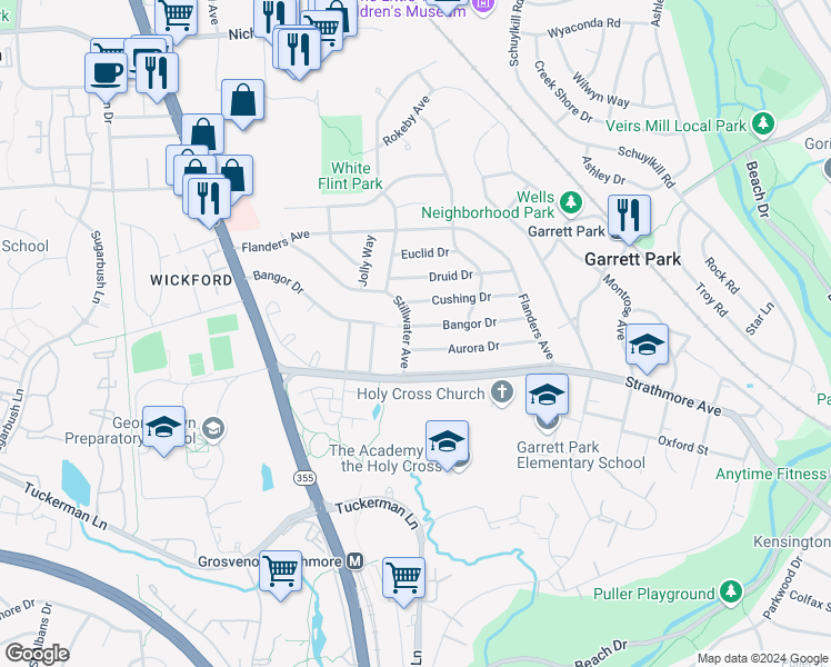 map of restaurants, bars, coffee shops, grocery stores, and more near 10911 Stillwater Avenue in Kensington