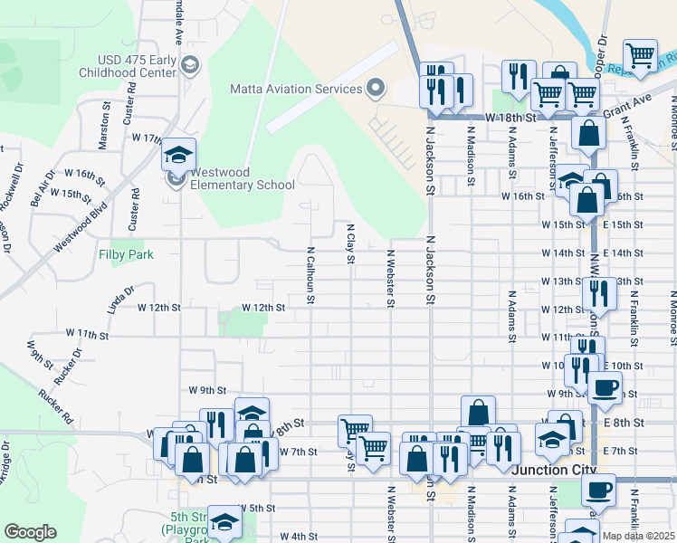 map of restaurants, bars, coffee shops, grocery stores, and more near 708 West 13th Street in Junction City