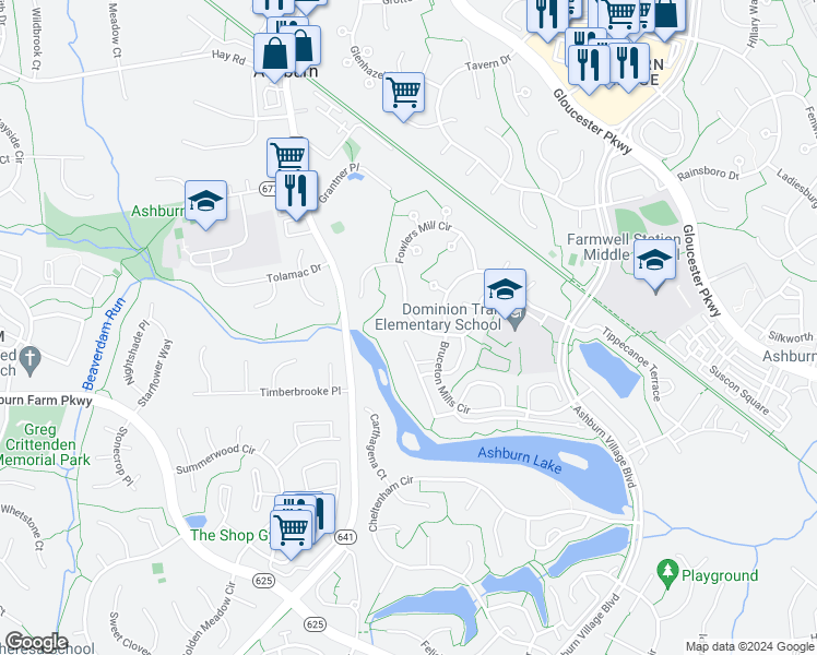 map of restaurants, bars, coffee shops, grocery stores, and more near 21013 Fowlers Mill Circle in Ashburn
