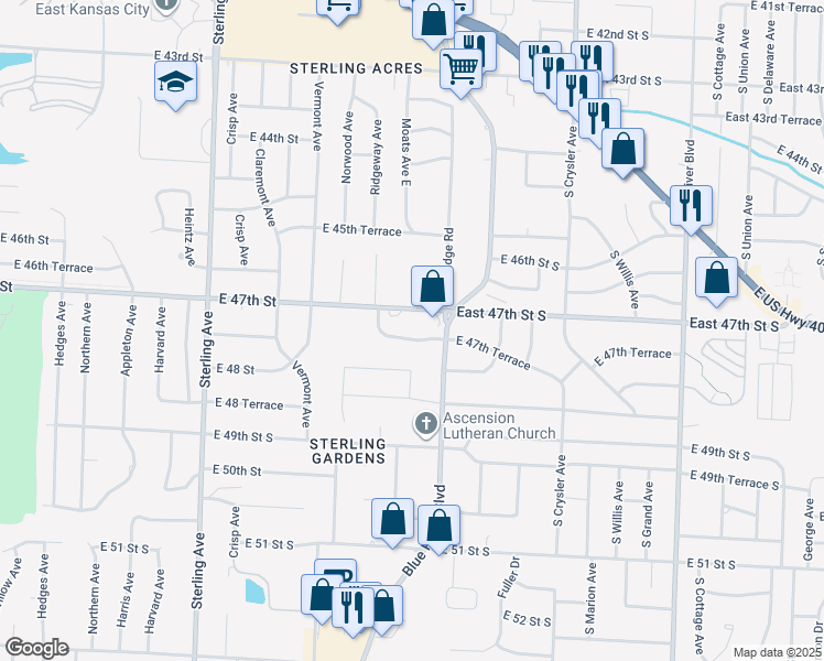 map of restaurants, bars, coffee shops, grocery stores, and more near 11900 East 47th Terrace in Kansas City