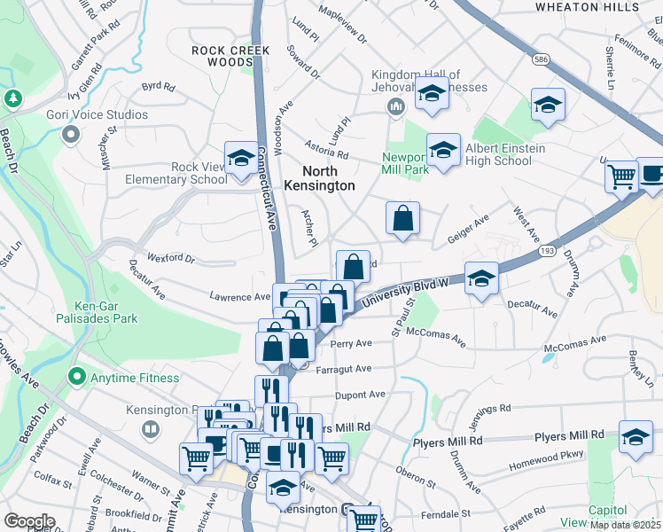 map of restaurants, bars, coffee shops, grocery stores, and more near Newport Mill Rd & Nimitz Rd in North Kensington