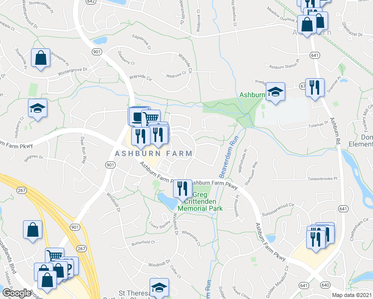 map of restaurants, bars, coffee shops, grocery stores, and more near 20965 Timber Ridge Terrace in Ashburn