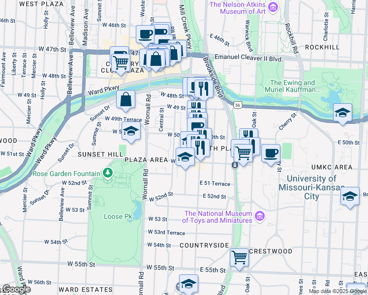 map of restaurants, bars, coffee shops, grocery stores, and more near 5018 Baltimore Ave in Kansas City