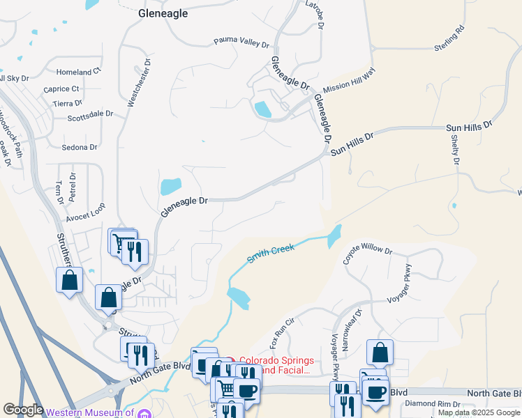 map of restaurants, bars, coffee shops, grocery stores, and more near 310 Doral Way in Colorado Springs